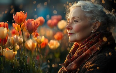 Person in Cozy Scarf Admiring a Field of Orange and Pink Tulips