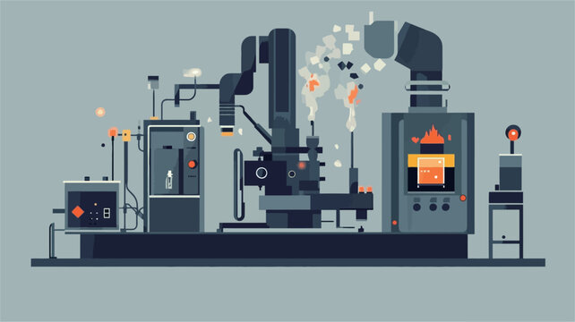 The illustration depicts a simplified, stylized representation of an industrial manufacturing process.  The style is flat vector design with a limited color palette, primarily using shades of gray