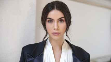 Portrait of a confident young businesswoman in a black suit smiling in an office setting