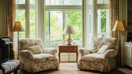 Serene Sitting Room with Bay Window and Floral Armchairs