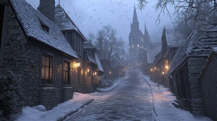 Fototapeta premium Snowy cobblestone street leads to a gothic church in winter