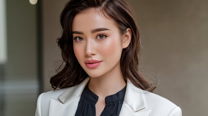 Portrait of a smiling young businesswoman with brunette hair in a shirt