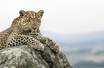 Fototapeta premium Majestic Leopard Resting Gracefully on a Rock in a Serene Landscape with Soft-Focused Background of Rolling Hills and Gray Sky
