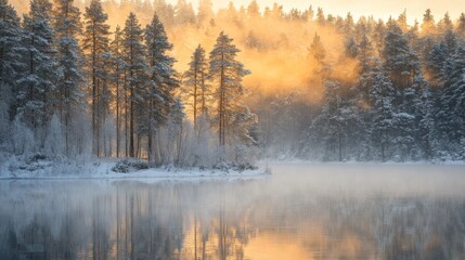 Fototapeta premium Golden Sunrise Over Snowy Winter Forest Lake