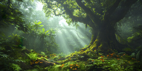 Lush rainforest with ancient trees and sunbeams filtering through foliage