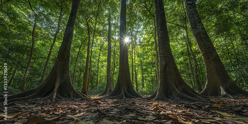 Poster sunlight filters through lush rainforest trees, creating serene atmosphere