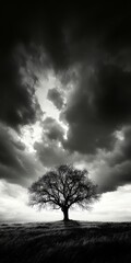 Obraz premium Majestic oak tree silhouetted against a dramatic sky in black and white