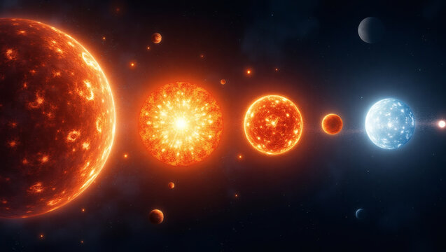 Celestial bodies in various stages of stellar evolution, showcasing a dramatic contrast of colors and sizes.