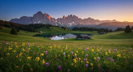 Fototapeta premium Majestic Austrian Alps with vibrant wildflowers in the foreground, a crystal-clear mountain lake reflecting the blue sky, and distant snow-capped peaks in the background.