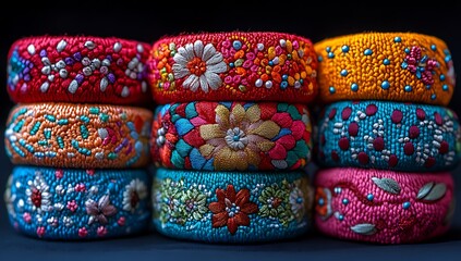  Colorful Stack of Embroidered Bangles with Floral Designs