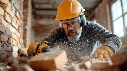 Diligent demolition expert meticulously breaks down brick wall at construction site