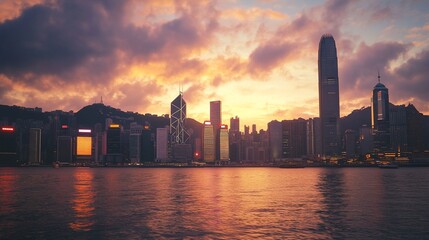 Fototapeta premium Mesmerizing golden hour cityscape of Hong Kong with vibrant reflections