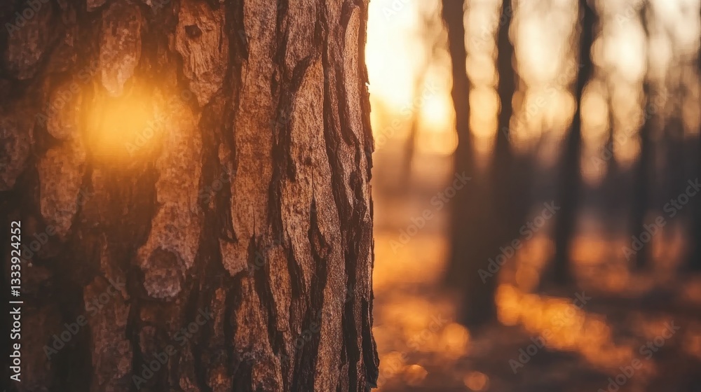 Poster close-up of a tree bark with soft sunset light in nature setting