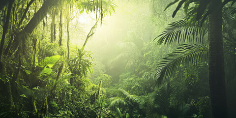 Lush rainforest with morning fog and vibrant greenery