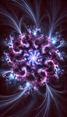A mesmerizing display of intricate fractals in neon blue and purple hues, radiating against a dark background, ideal for wallpaper