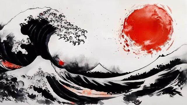水墨画で描かれた波