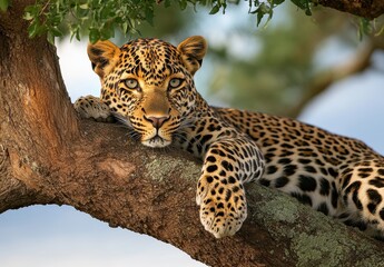 Naklejka premium Majestic Leopard Resting Gracefully on a Tree Branch Surrounded by Lush Leaves in a Serene Natural Habitat under a Clear Blue Sky