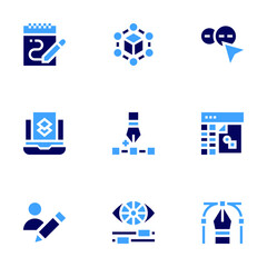 Edit icon set. Bold style. Duotone colors. user, cube, shape creator, add, graphic editor, sketchbook, color adjustment, pen tool, layer