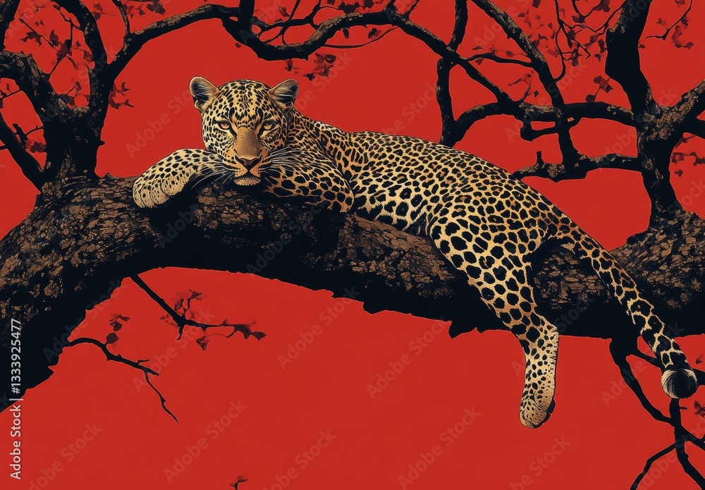 Aufkleber majestic leopard resting gracefully on a tree limb against a striking red background displaying natu