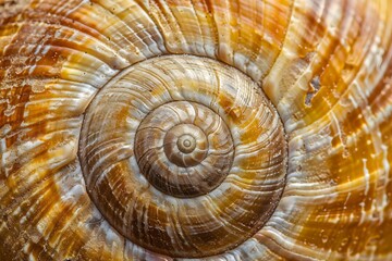 Snail Shell's Spiral: A Close-Up View of Nature's Geometry, Revealing Intricate Patterns and Textured Details in a Golden-Brown Hues.  Magnificent Natural Art Displaying the Wonders of Mollusk Shells.