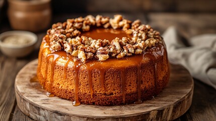 A caramelized honey sponge cake topped with crunchy praline pieces and a drizzle of salted caramel, shot on a rustic wooden background for warmth
