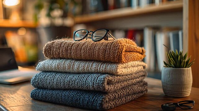 A well-organized workspace features a stack of folded sweaters accompanied by reading glasses, creating a warm and inviting atmosphere for focused work or relaxation.