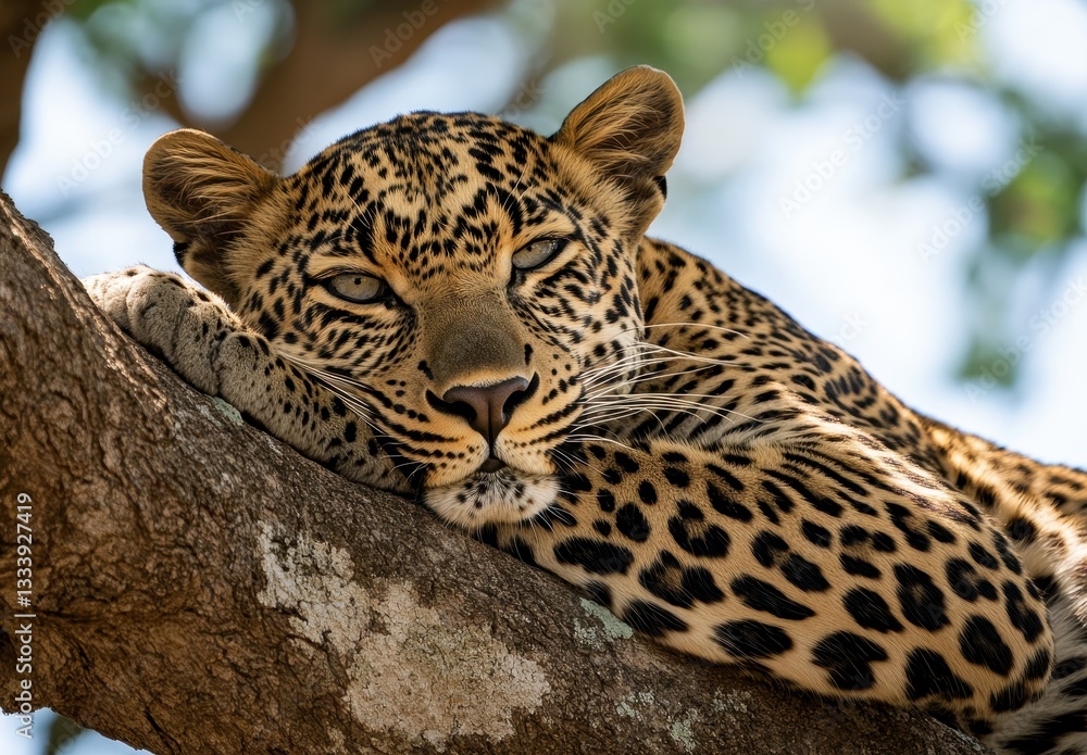 Poster majestic leopard resting gracefully on tree branch under natural light with soft focus background in