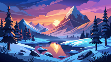 Mysterious winter landscape majestic mountains in sunset. © ehsanollah