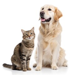 Dog and cat isolated on white background. Dog and cat. British short hair cat and golden retriever. Kitten sitting on dog