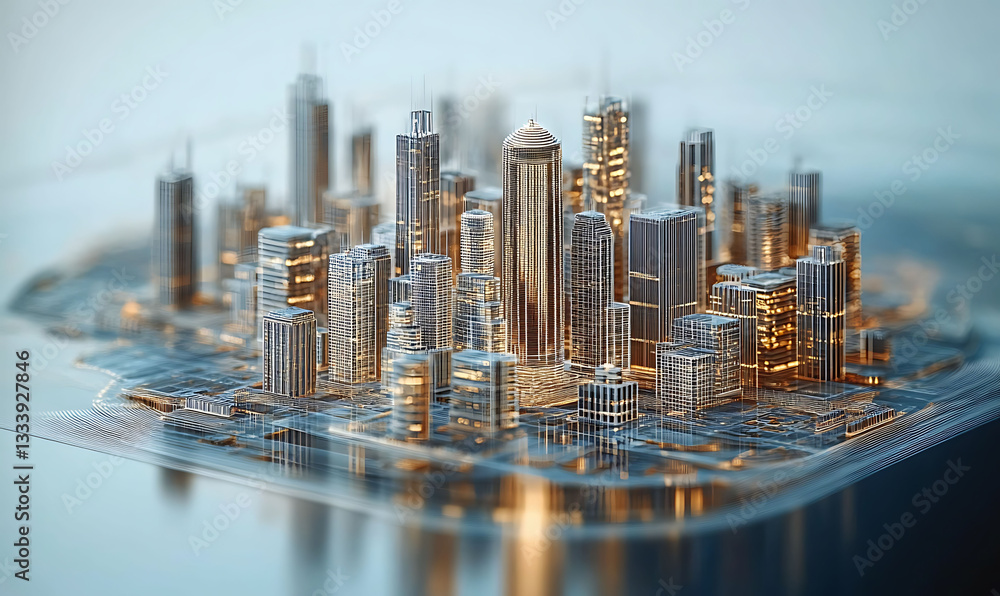 Poster futuristic ai driven architectural model floating as a holographic cityscape a complex dynamic and v