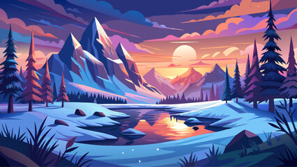 Mysterious winter landscape majestic mountains in sunset. © ehsanollah