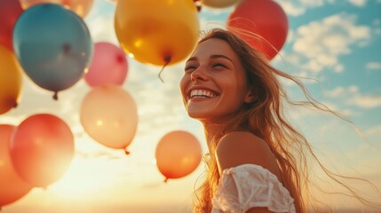 A radiant woman, her face lit by a warm summer sunset, releases a cascade of vibrant balloons into the sky, her laughter echoing like wind chimes. The scene exudes joy and carefree summer spirit.