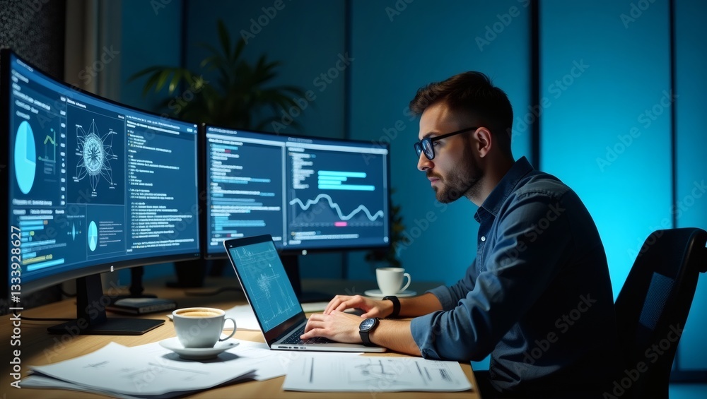Fototapete a programmer diligently working at a desk with multiple computer screens displaying code and data
