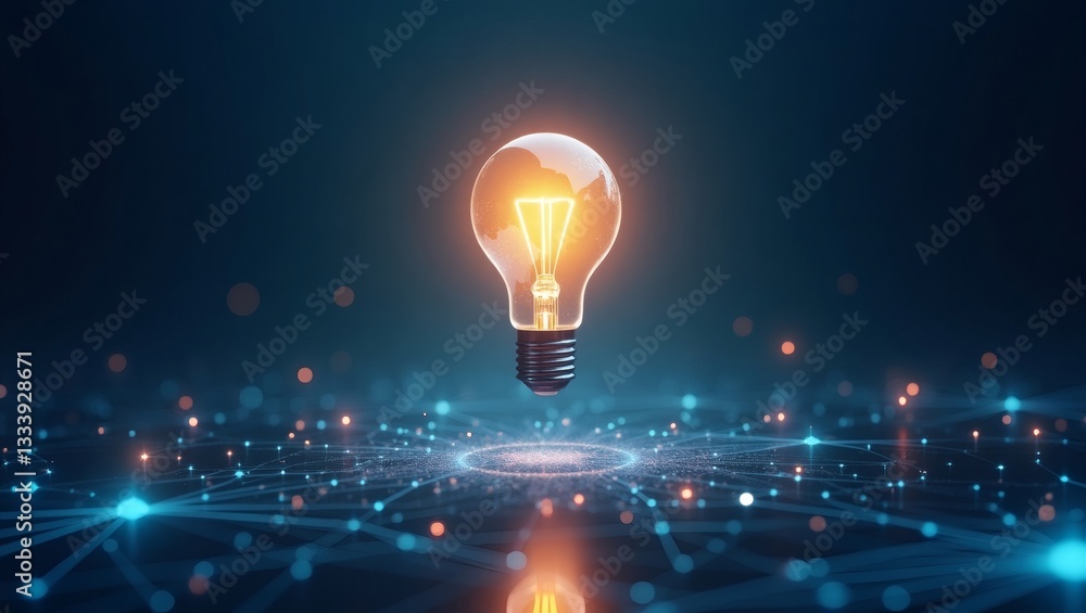 Poster glowing lightbulb representing innovation, idea and creativity amidst an abstract technology backgro
