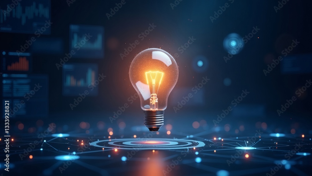 Poster glowing light bulb represents innovation, ideas, and creativity in a digital, futuristic setting wit