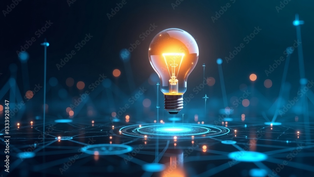Poster a glowing light bulb illuminating a digital network, representing innovation and technology