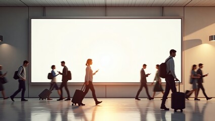 Fototapeta premium people walking in a large modern building with a large empty display board. The people appear to be traveling with suitcases and bags
