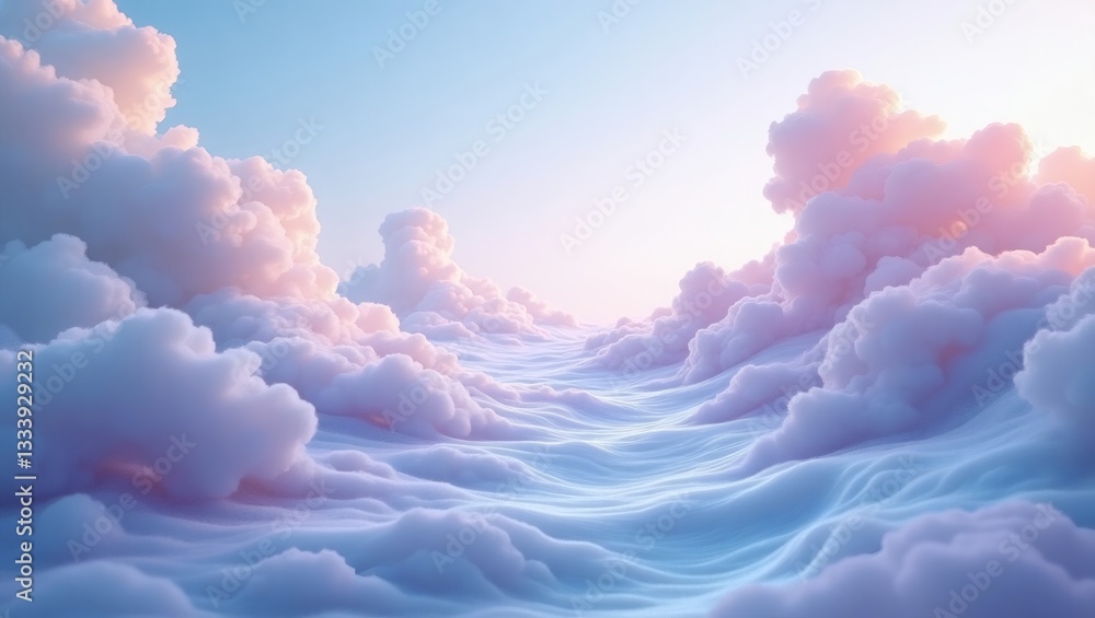 Poster an ethereal view of fluffy clouds in shades of pink and blue, creating a dreamy atmosphere