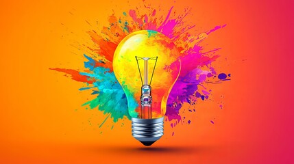 A Colorful Glowing Idea Bulb Lamp Banner – Visualization of Creativity, Innovation, and Bright Thinking Concept