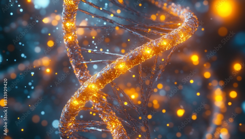 Poster intricate dna helix, glowing with inner light, amidst a backdrop of sparkling particles. detailed vi