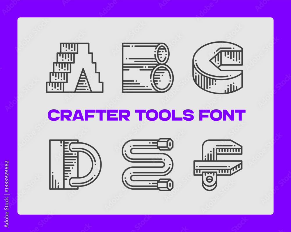 Poster set of vector crafter tools made in a shape of letters. graphic design symbol alphabet font.