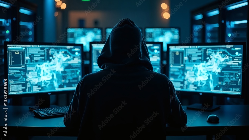 Poster a hooded figure is sitting in front of multiple computer screens, in a high-tech server room, hintin