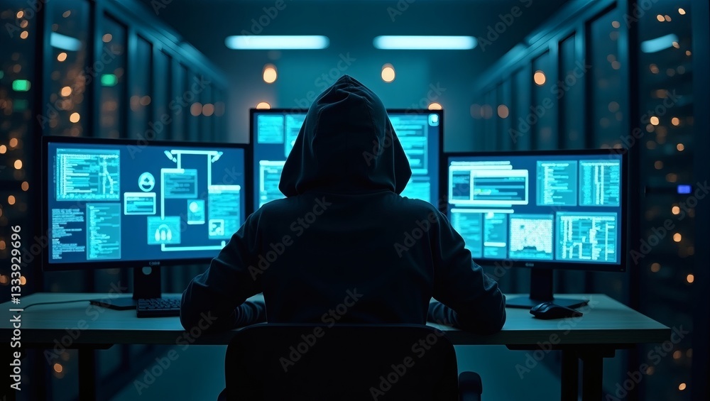 Aufkleber A hooded hacker working on multiple computer screens in a dark server room. The person is immersed in coding and cybersecurity work, facing a digital threat