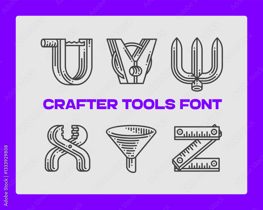 Poster set of vector crafter tools made in a shape of letters. graphic design symbol alphabet font.