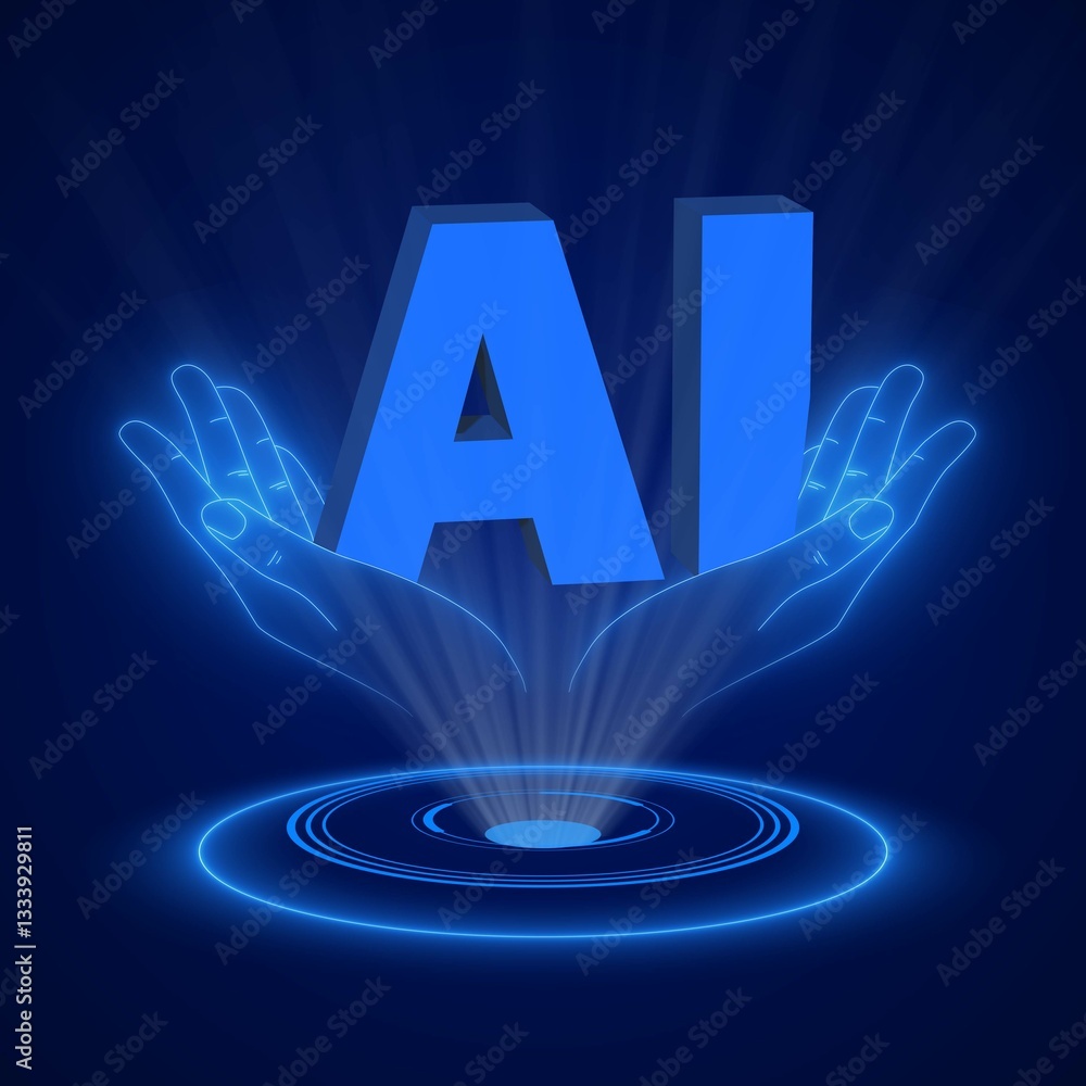 Aufkleber ai letters in open hologram hands - computer hologram business internet technology concept - 3d illu