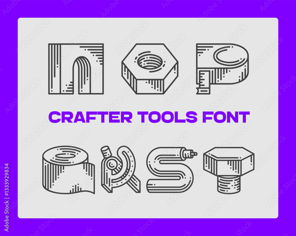 Poster set of vector crafter tools made in a shape of letters. graphic design symbol alphabet font.