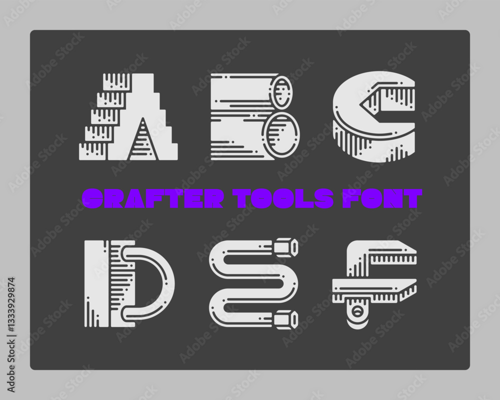 Poster set of vector crafter tools made in a shape of letters. graphic design symbol alphabet font.