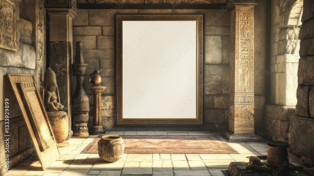 Poster an ancient room with an empty framed picture and columns