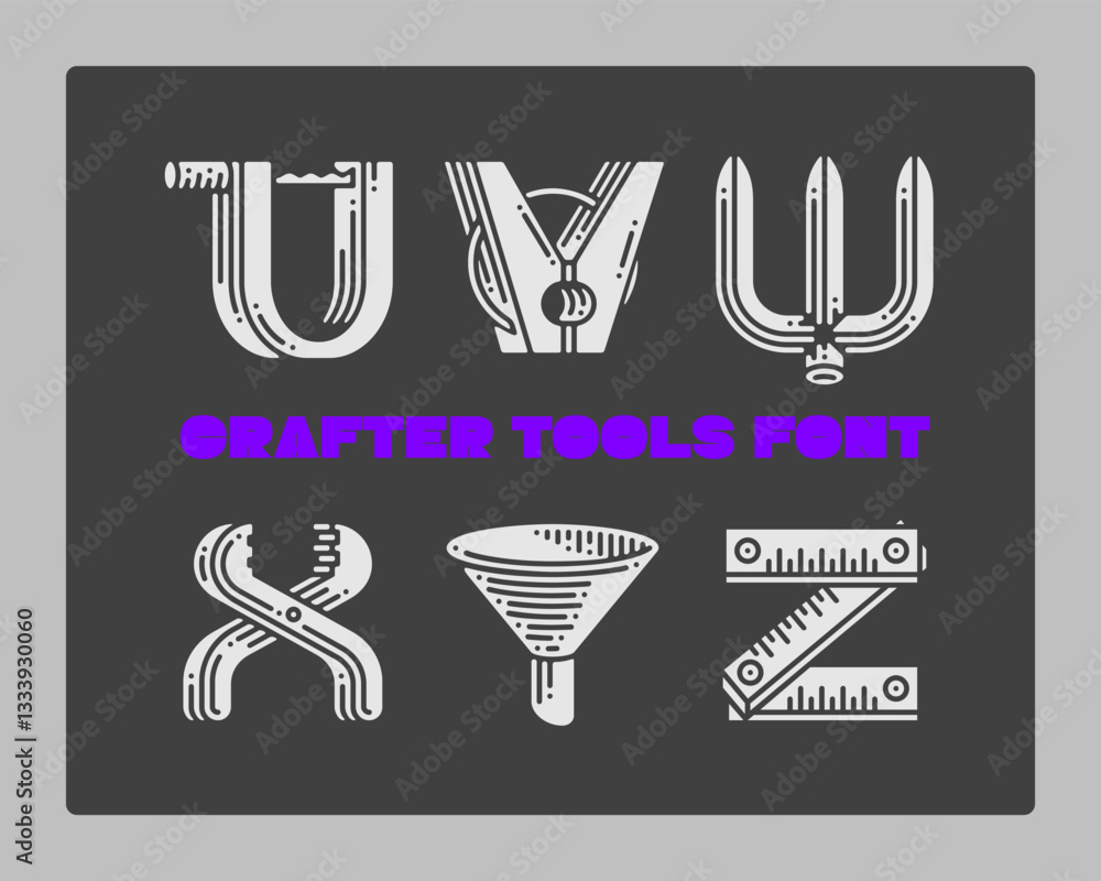 Poster set of vector crafter tools made in a shape of letters. graphic design symbol alphabet font.