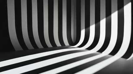 Abstract black and white striped pattern in curved room with dramatic shadows